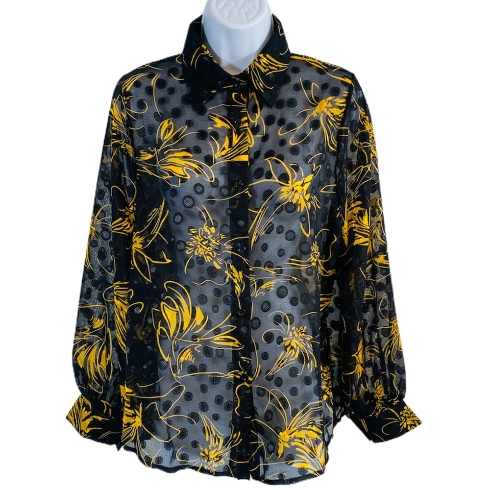 Vintage Black & Gold Sheer Polka Dot & Floral Print Blouse Size M